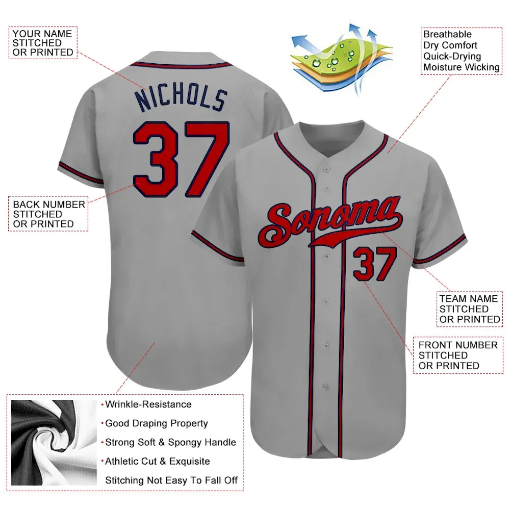 Custom Gray Red-Navy Authentic Baseball Jersey - Image 3