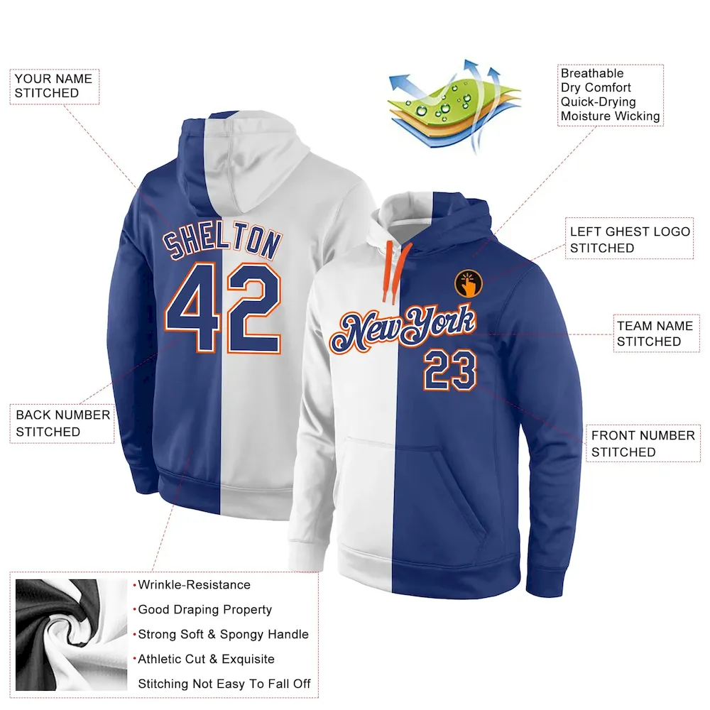 Custom Stitched White Royal-Orange Split Fashion Sports Pullover Sweatshirt Hoodie - Image 4