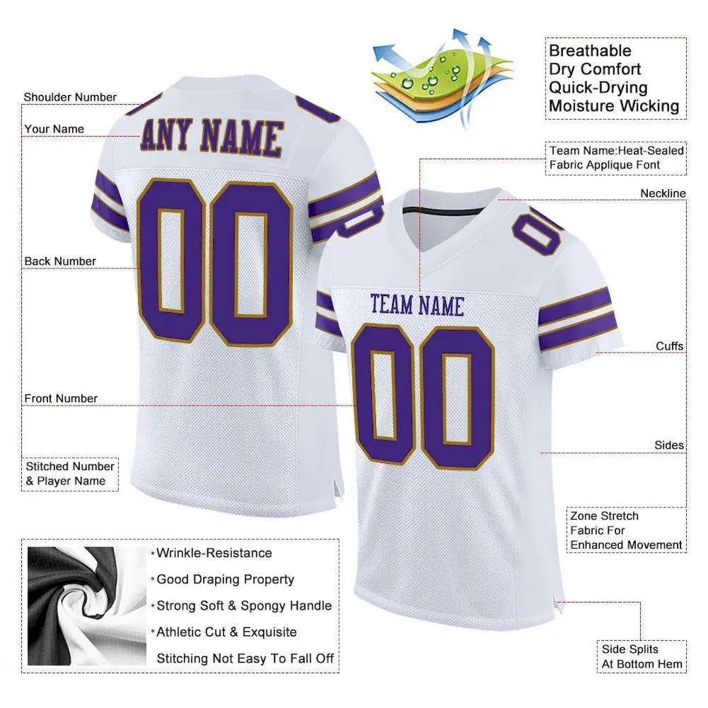 Custom White Purple-Old Gold Mesh Authentic Football Jersey - Image 4
